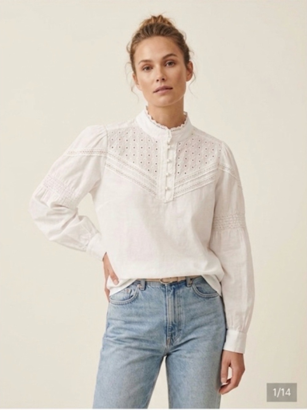 Cream Scandinavian Denmark Brand Boho Chic Eyelet Blouse size 44/ US 12 White